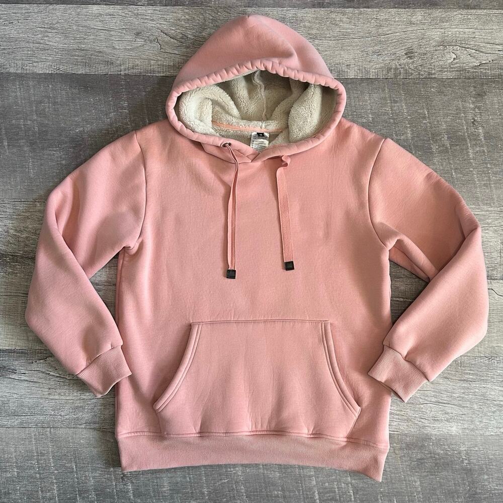 Sherpa Fleece Lined Hoodie Womens M Pink Pullover Sweatshirt Heavyweight Cozy